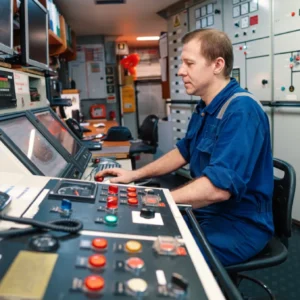 Marine engineer at the console in a ship's engine control room