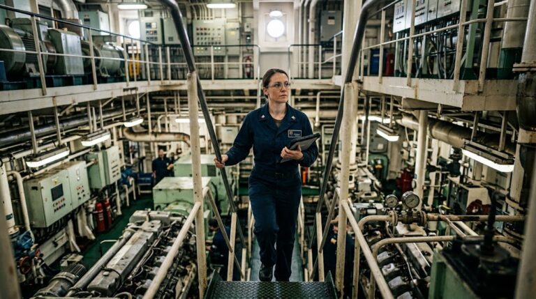 Marine engineer climbing stairs in a ship's engine room